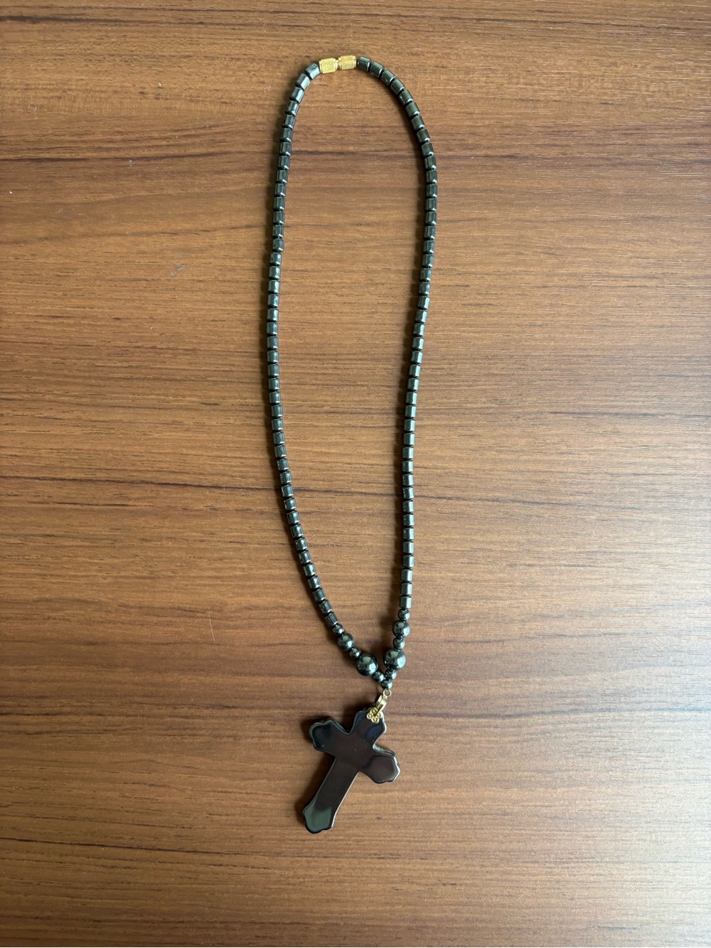 Hematite Beaded Necklace with Cross Pendant